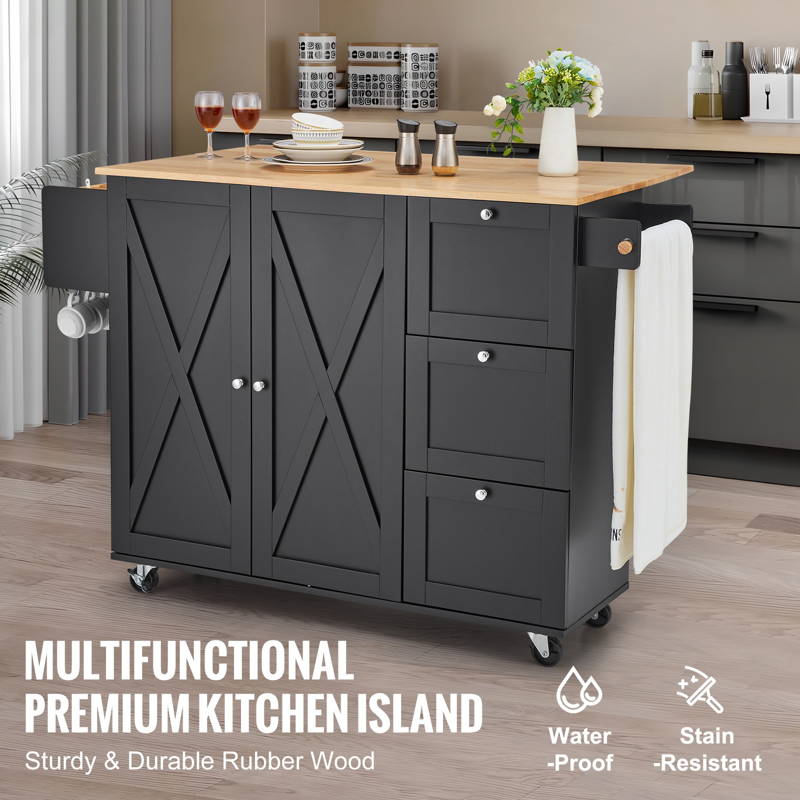 Kitchen Island Cart Rolling Storage Cabinet On Wheel With Drawer & Shelves_voghion.com